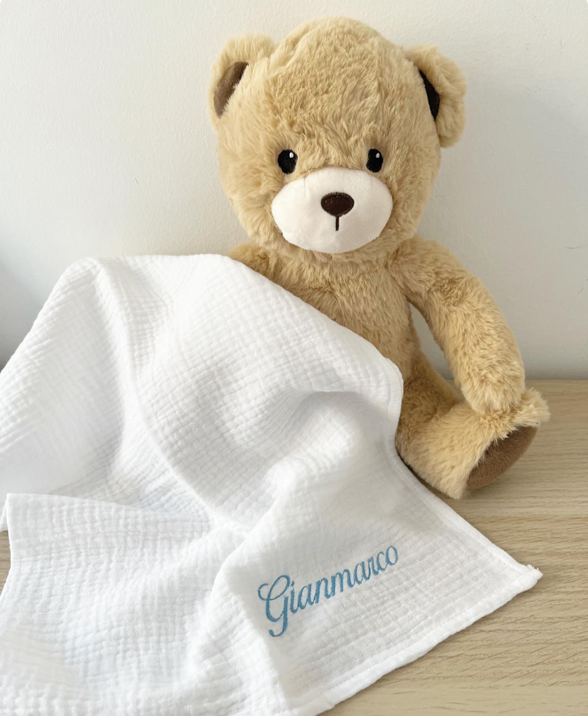 Mussola di cotone tinta unita con nome