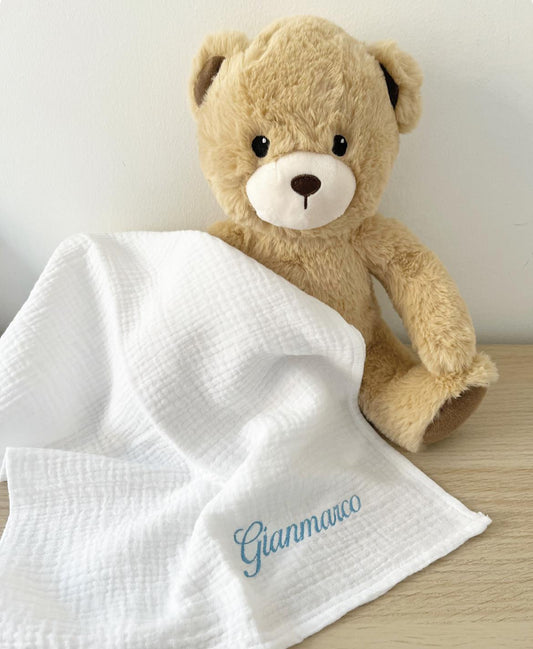 Mussola di cotone tinta unita con nome