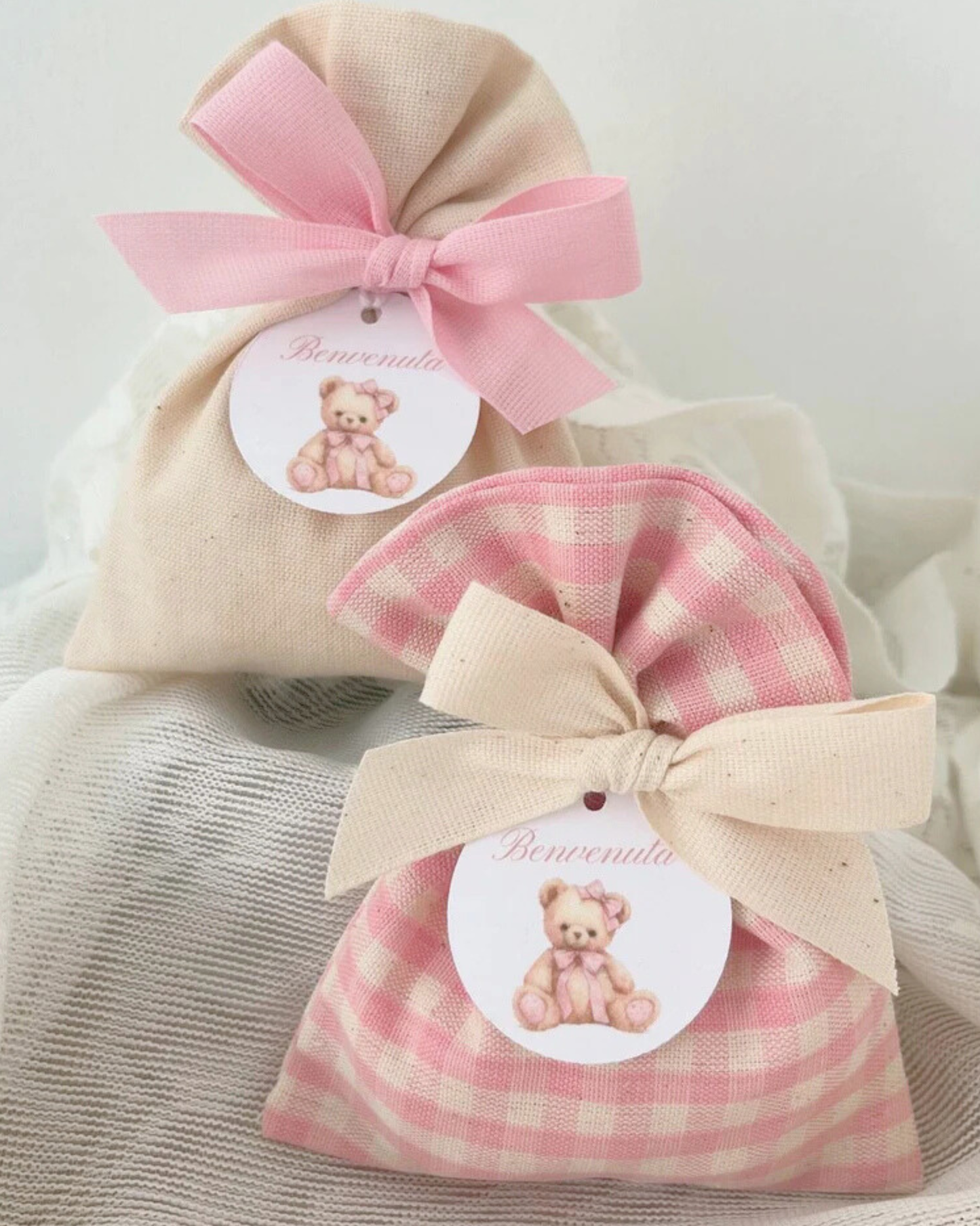 Sacchetti portaconfetti panna e Vichy rosa