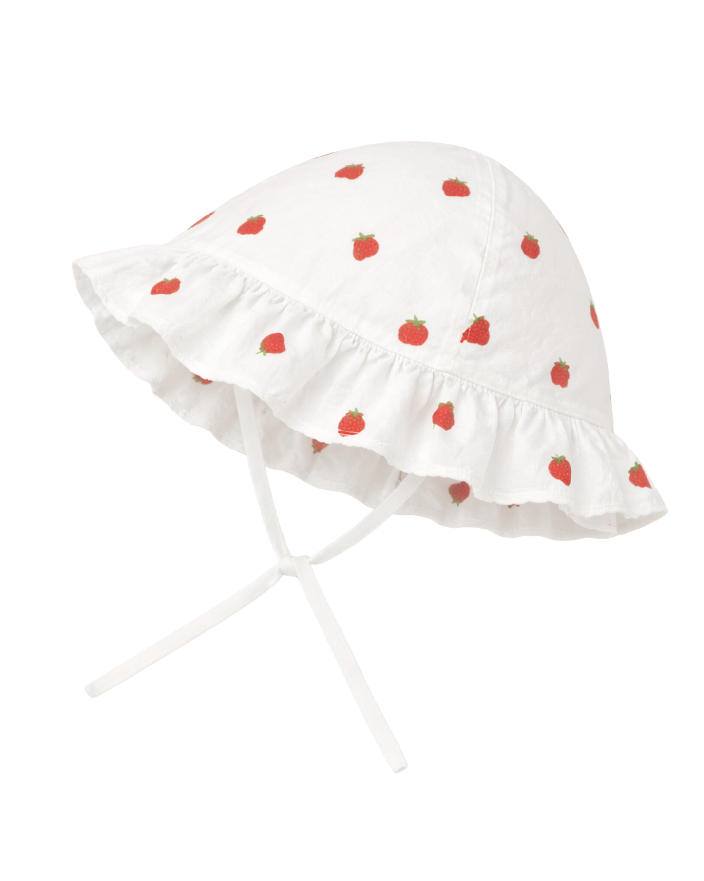 Cappellino volant con laccetti in cotone bianco fragoline