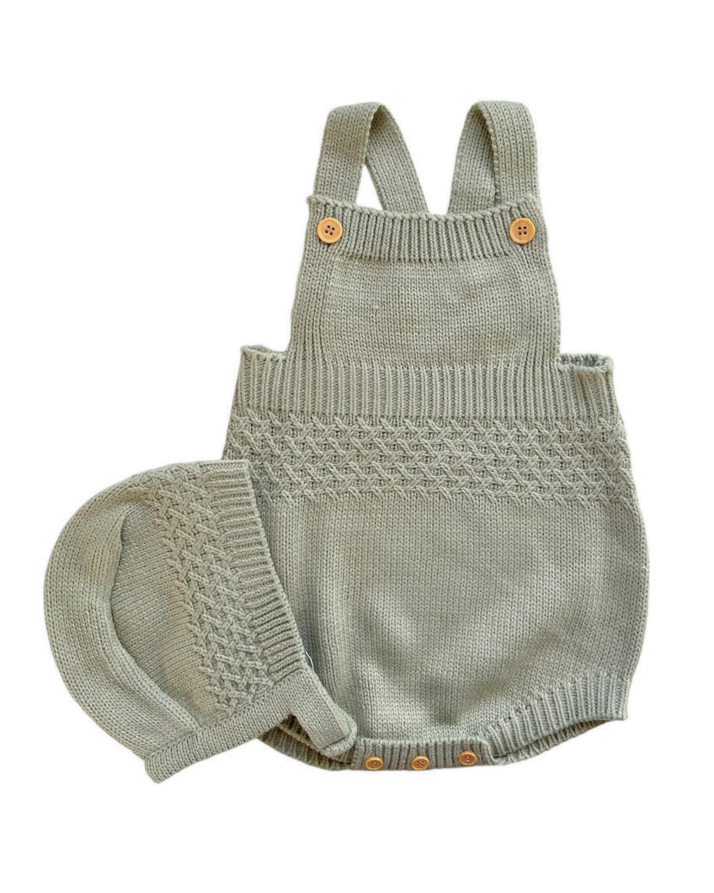 Salopette in lana con cuffietta verde salvia