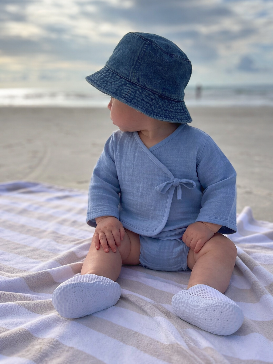 Completino incrociatino e culotte in mussola di cotone blu jeans