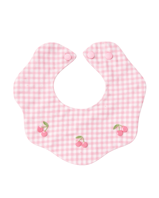 Bavaglino in cotone vichy con ricamo ciliegie rosa