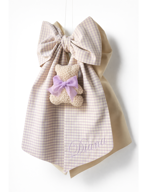 Fiocco nascita orsetto con ricamo personalizzato cotone vichy