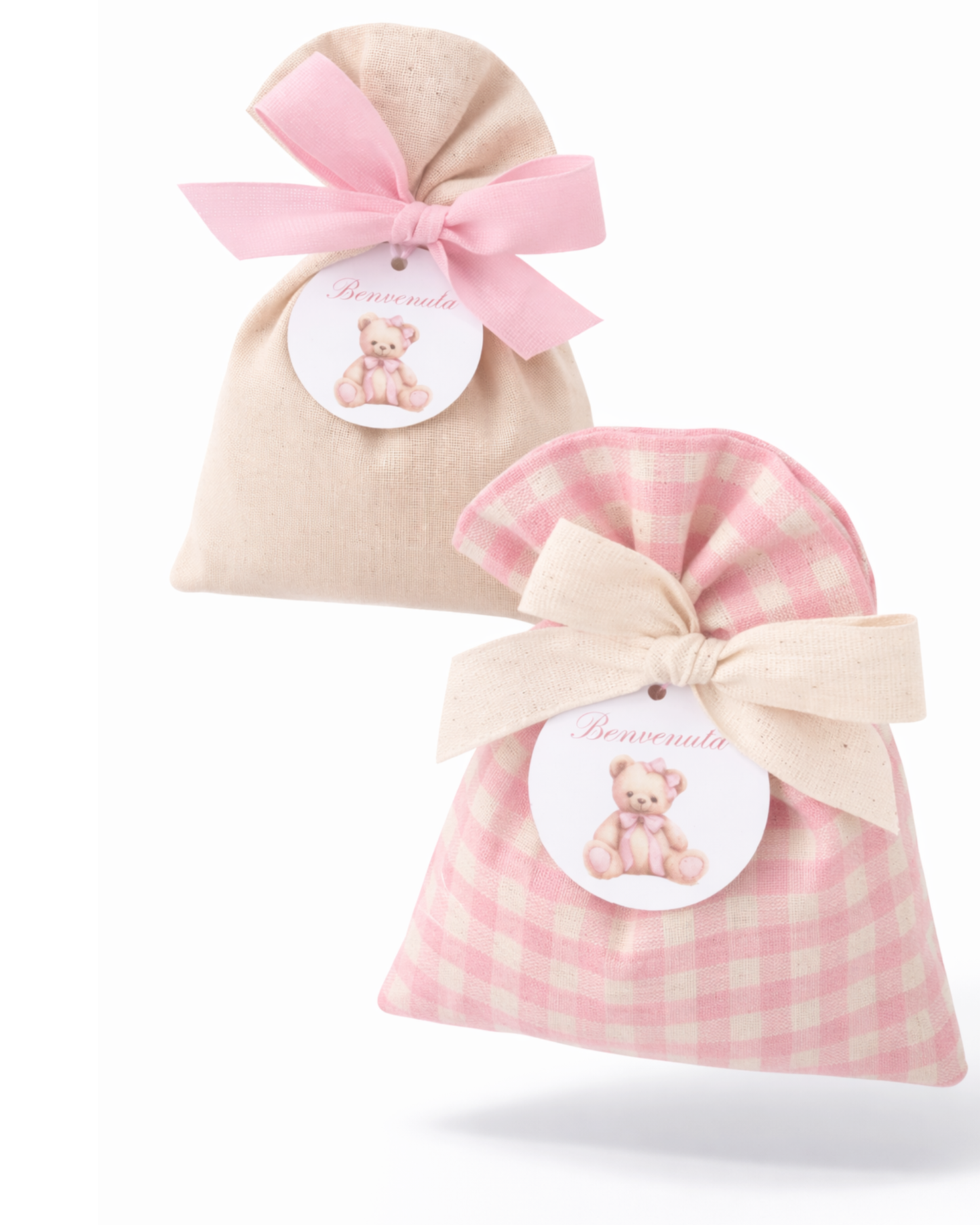 Sacchetti portaconfetti burro tinta unita e Vichy rosa
