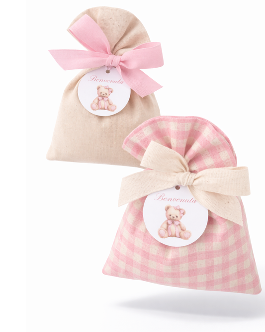 Sacchetti portaconfetti burro tinta unita e Vichy rosa