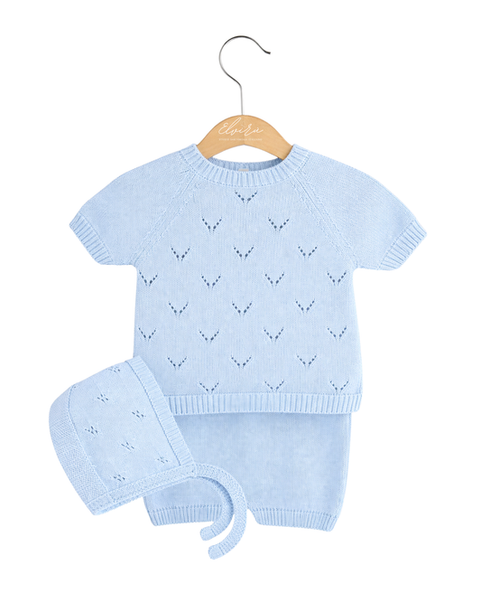 Completino estivo in maglia  3 pezzi azzurro