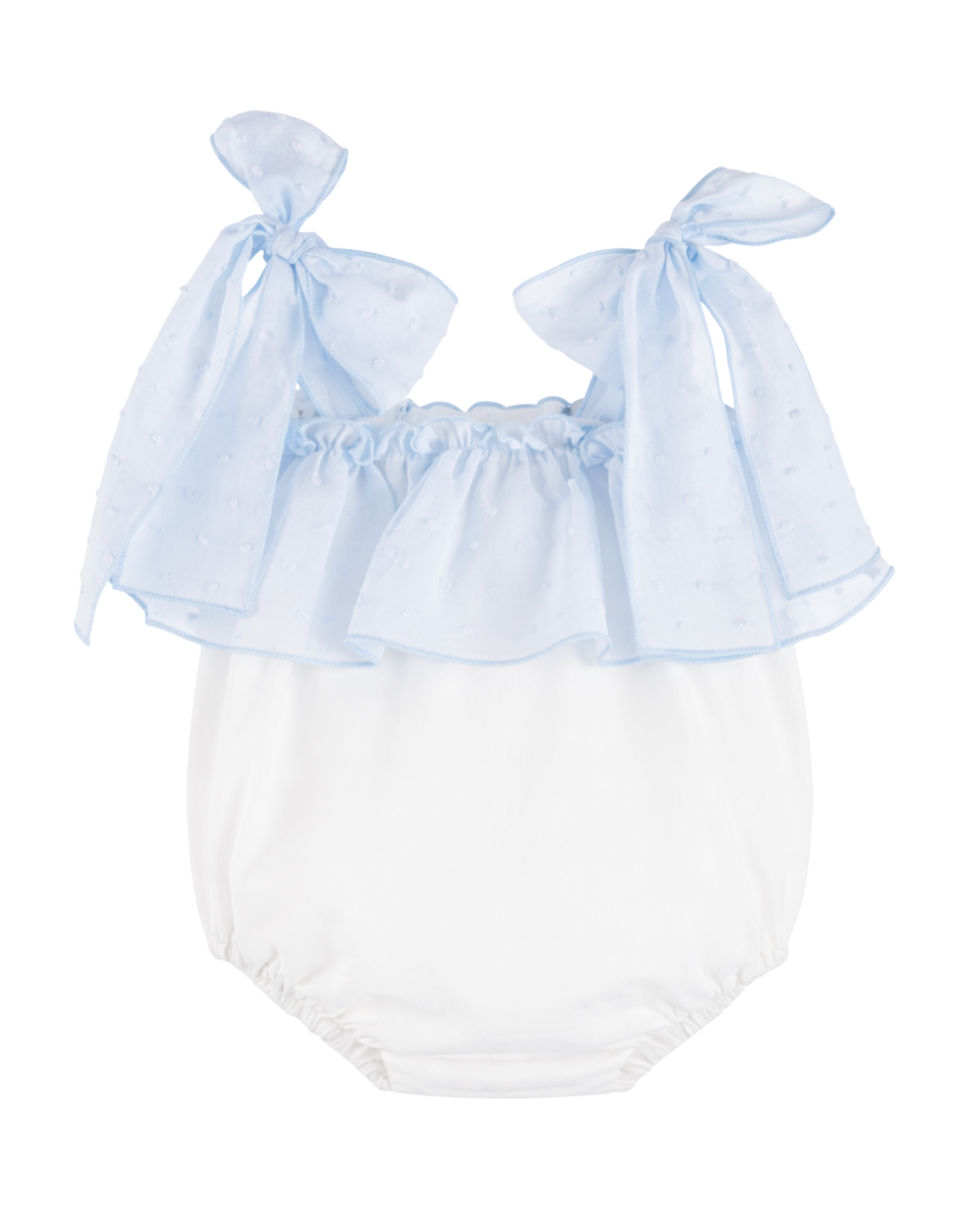 Pagliaccetto con balza e fiocchi cotone plumetis azzurro