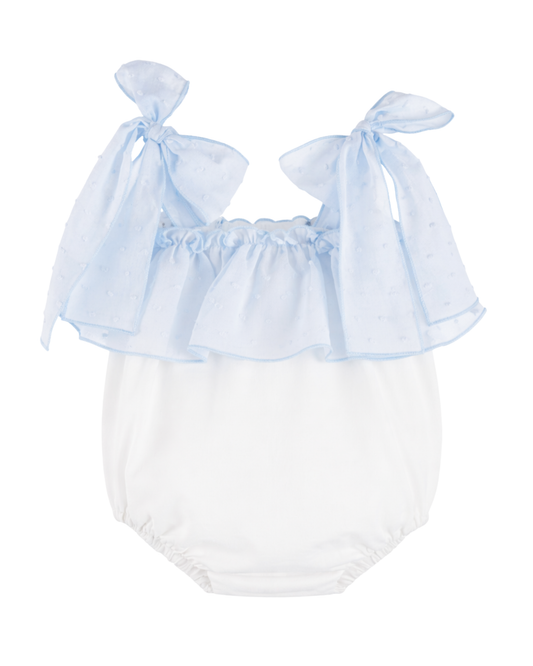 Pagliaccetto con balza e fiocchi cotone plumetis azzurro