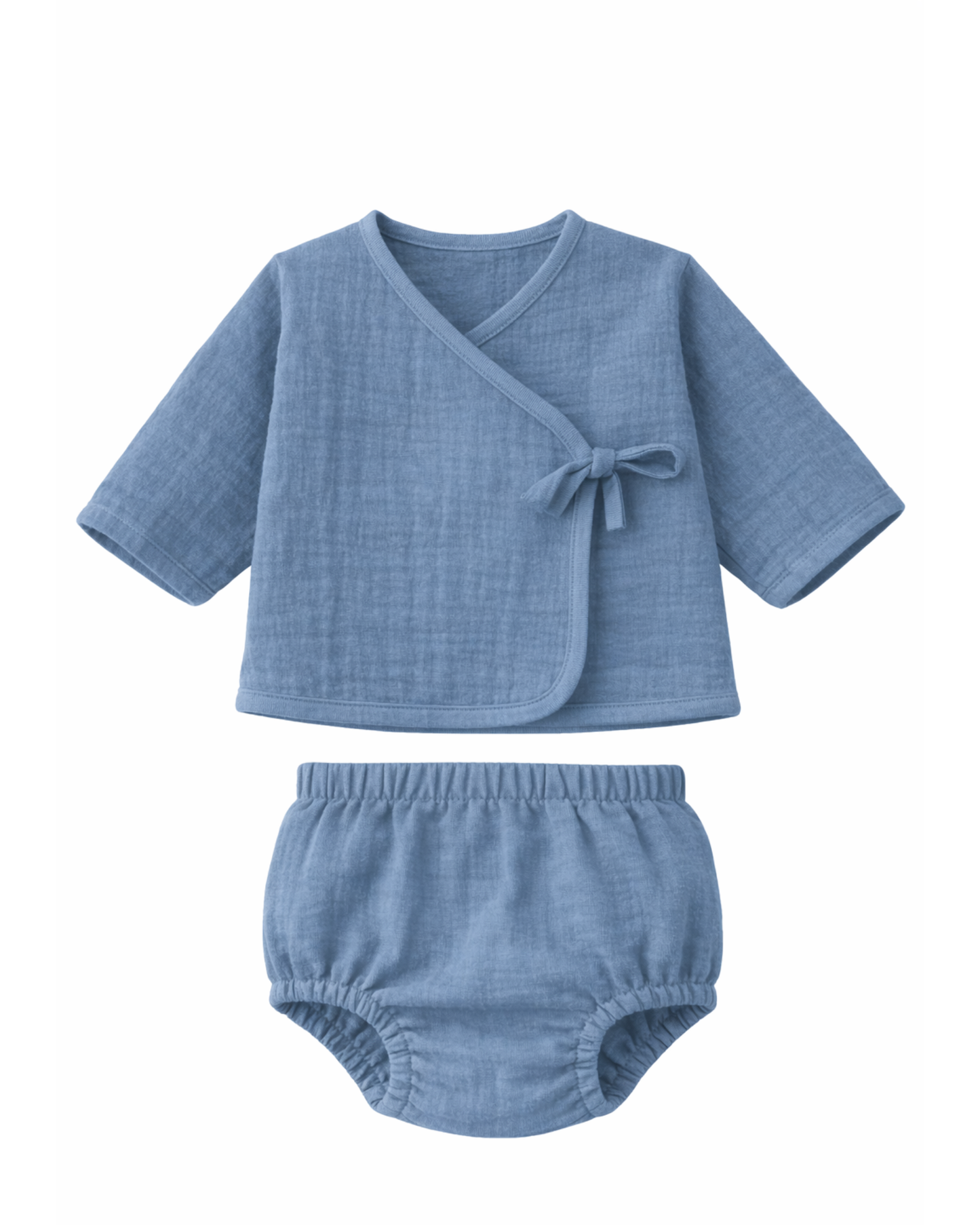 Completino incrociatino e culotte in mussola di cotone blu jeans