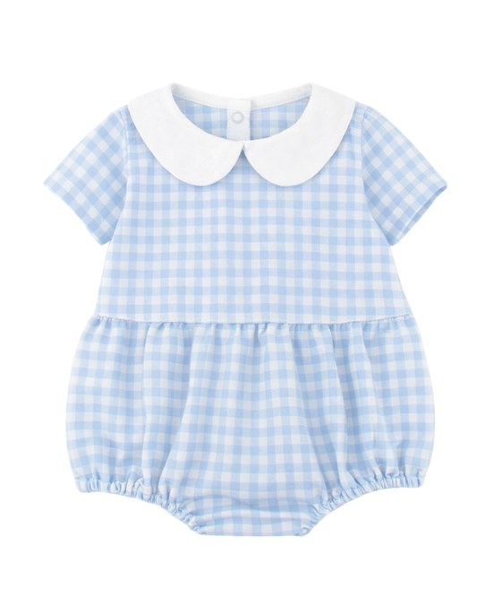 Pagliaccetto con colletto ricamabile vichy mezza manica azzurro