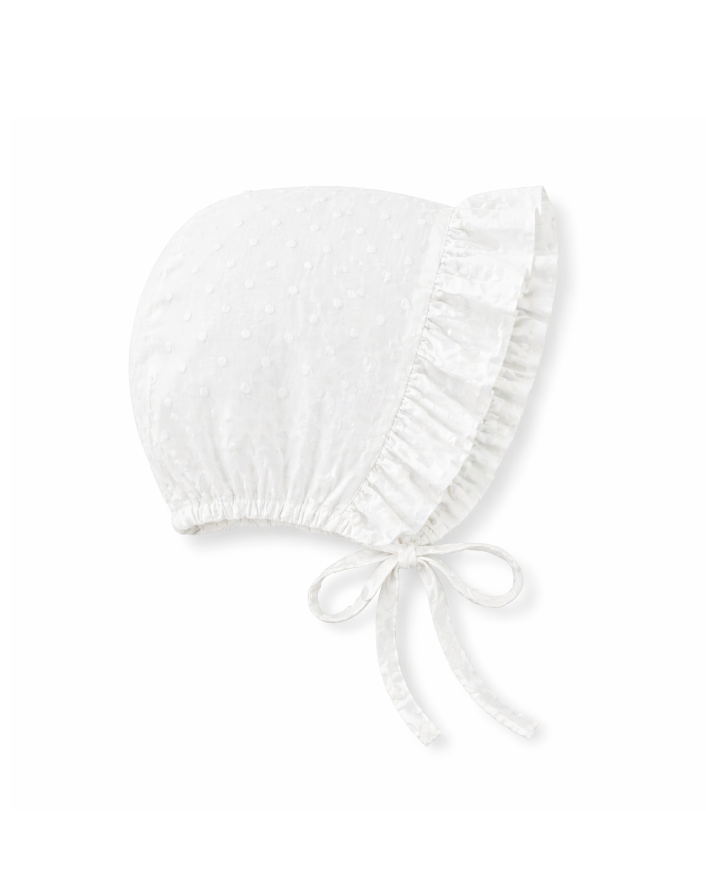 Cappellino neonata modello cuffietta con volant in cotone bianco plumetis
