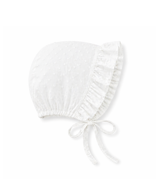 Cappellino neonata modello cuffietta con volant in cotone bianco plumetis