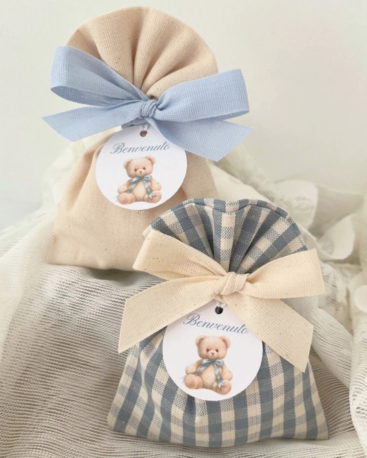 Sacchetti portaconfetti panna e Vichy azzurro