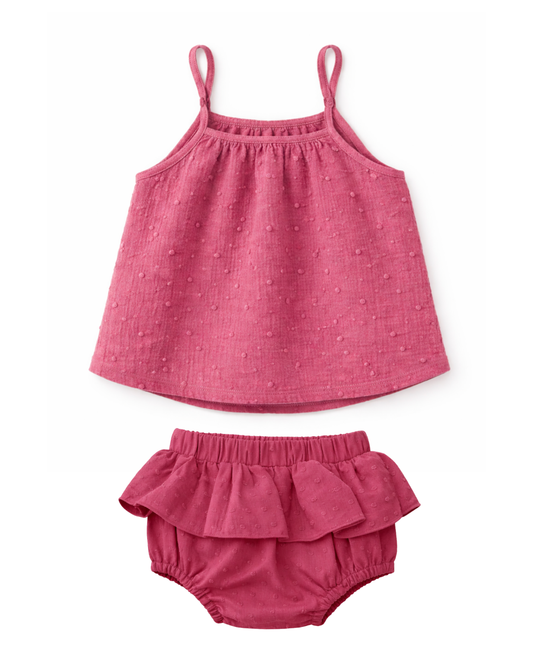 Completino in mussola di cotone plumetis top e culotte con volant