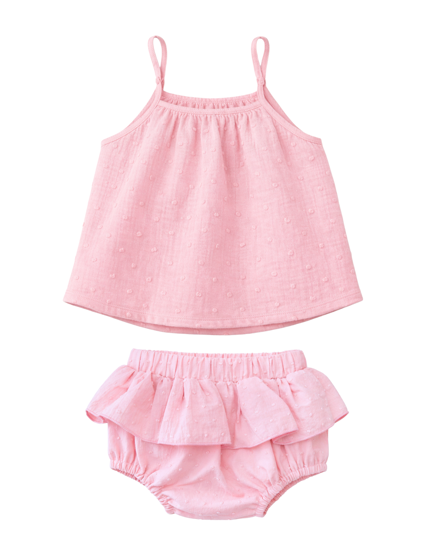 Completino in mussola di cotone plumetis top e culotte con volant