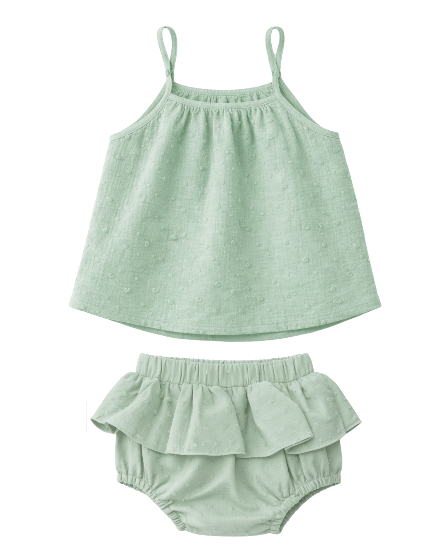 Completino in mussola di cotone plumetis top e culotte con volant