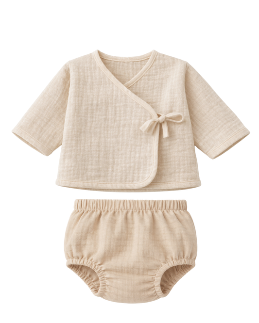 Completino incrociatino e culotte in mussola di cotone beige