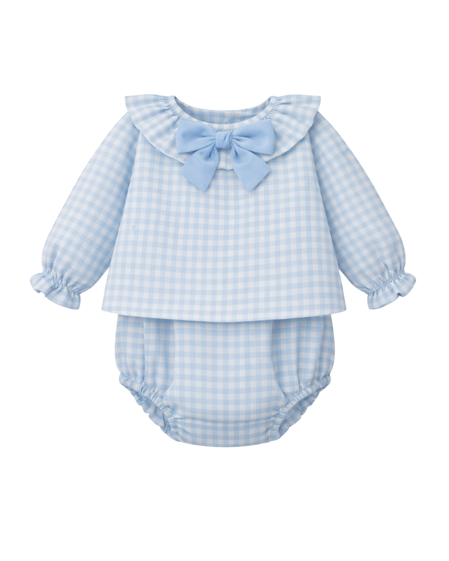 Completino camicina e culotte bimba in vichy puro cotone con fiocco azzurro