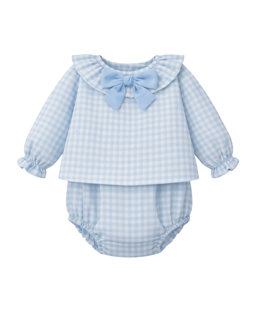 Completino camicina e culotte bimba in vichy puro cotone con fiocco azzurro