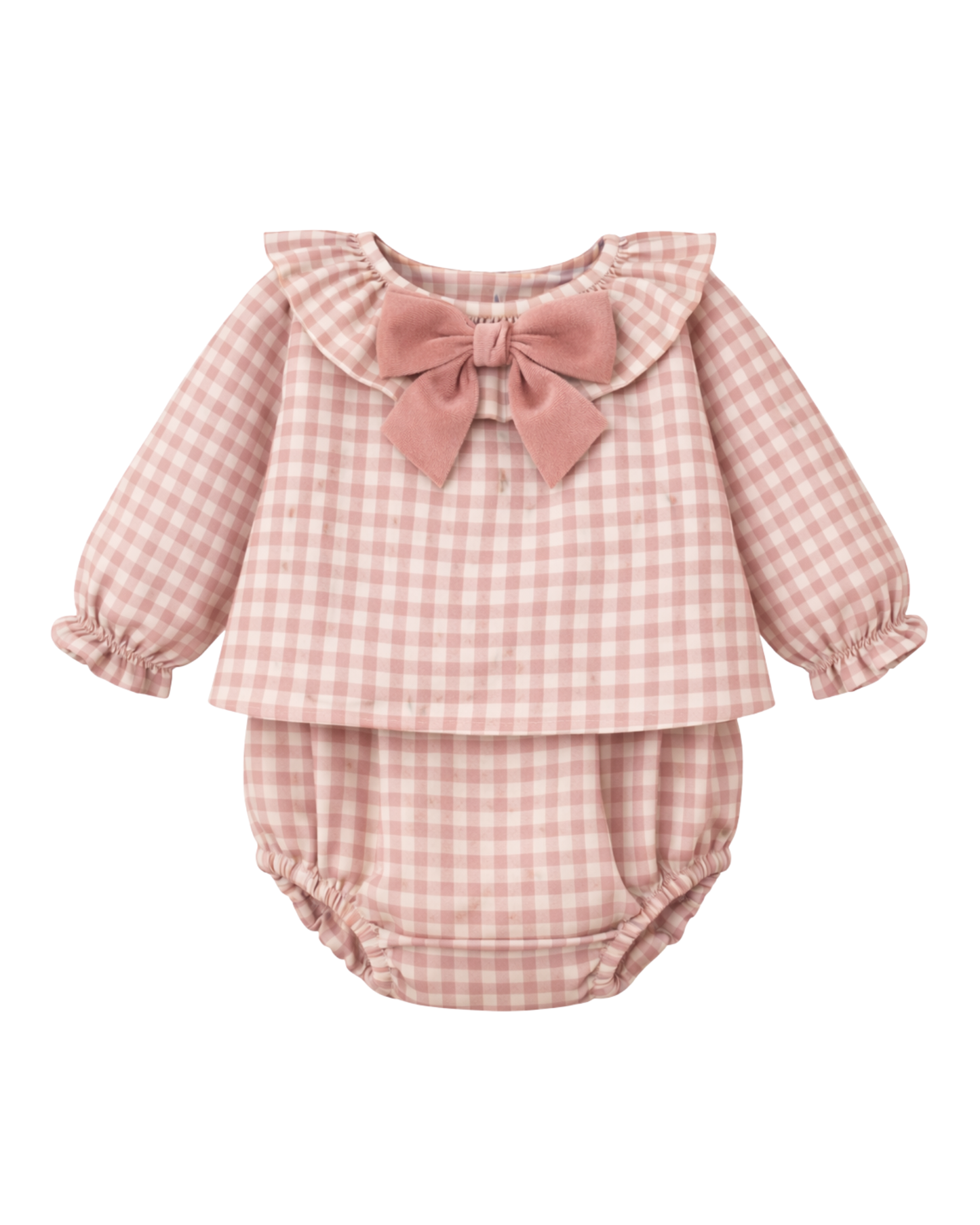 Completino camicina e culotte bimba in vichy puro cotone con fiocco rosa antico
