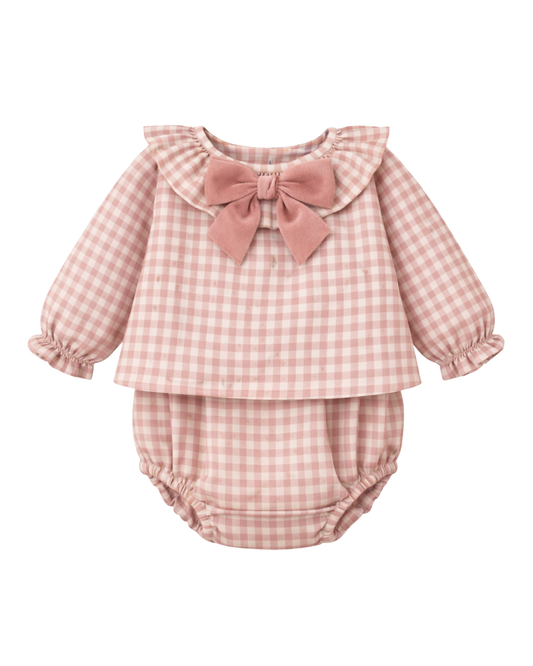 Completino camicina e culotte bimba in vichy puro cotone con fiocco rosa antico