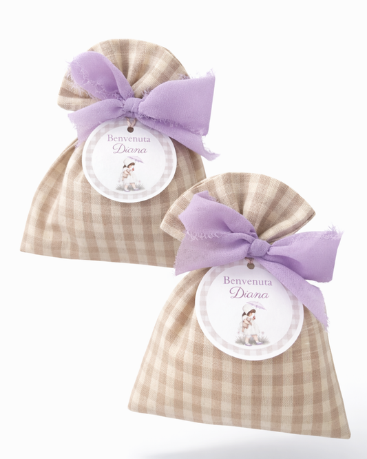 Sacchetti portaconfetti Vichy sabbia con nastro in chiffon