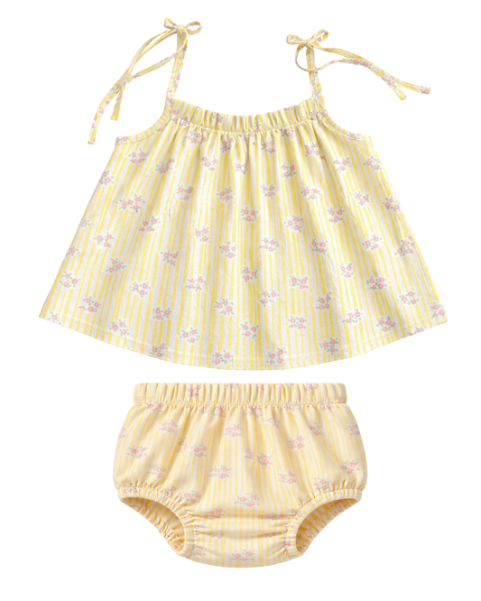 Completino top e culotte fiorellini e righe giallo puro cotone