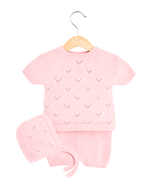 Completino estivo in maglia  3 pezzi rosa chiaro