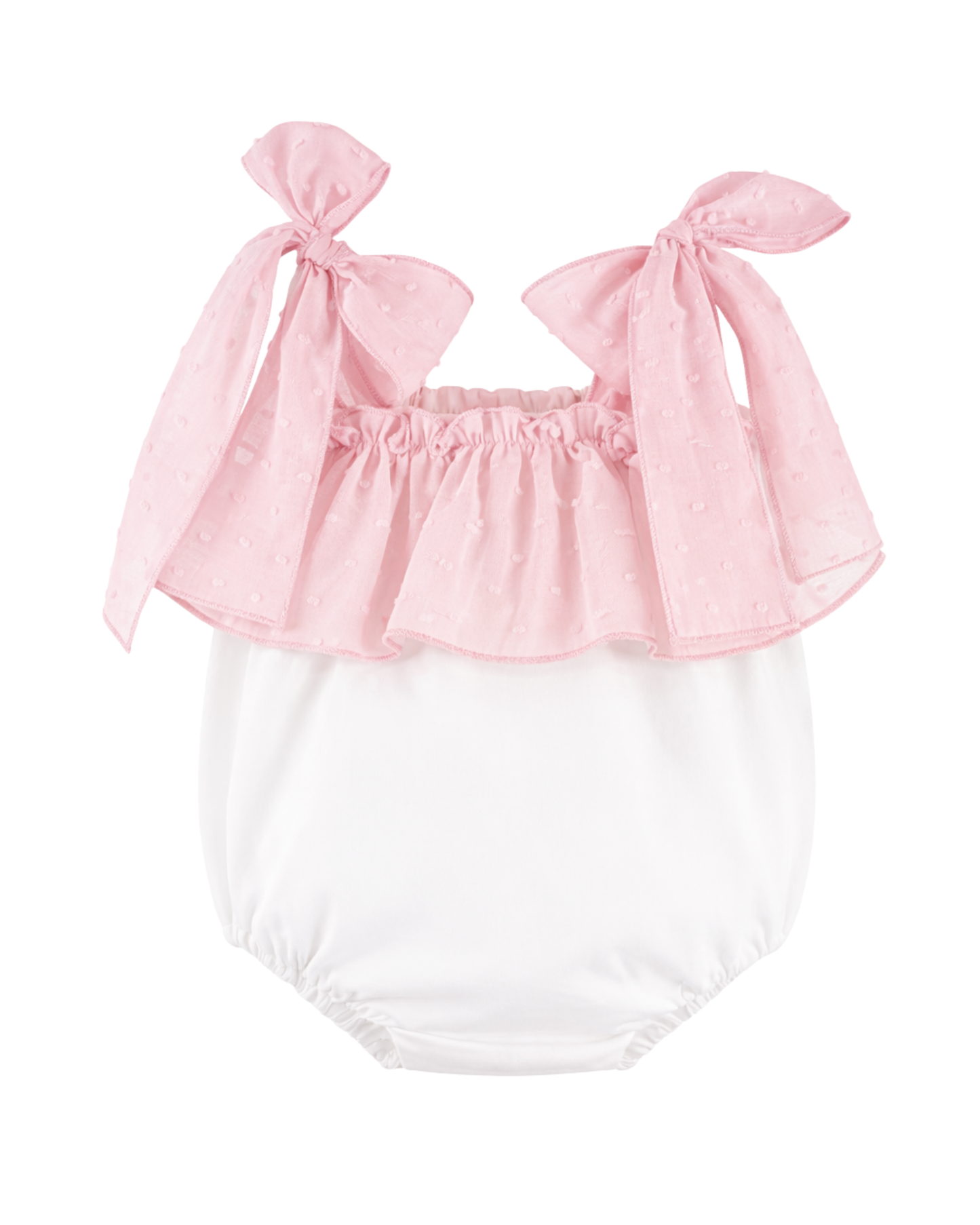 Pagliaccetto con balza e fiocchi cotone plumetis rosa