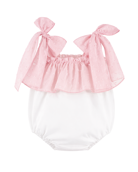 Pagliaccetto con balza e fiocchi cotone plumetis rosa