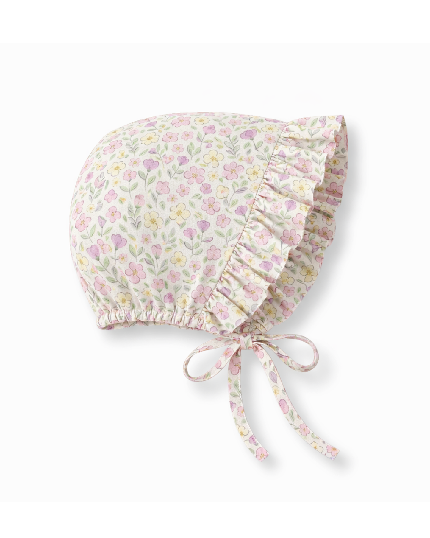 Cappellino neonata modello cuffietta con volant in cotone fiorellini