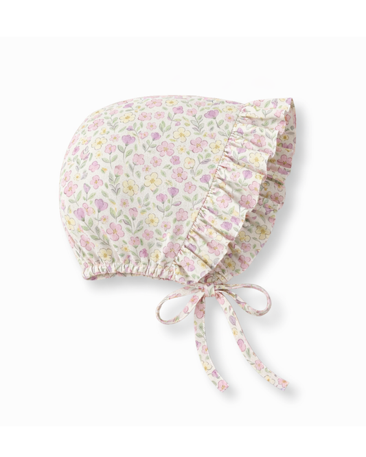 Cappellino neonata modello cuffietta con volant in cotone fiorellini